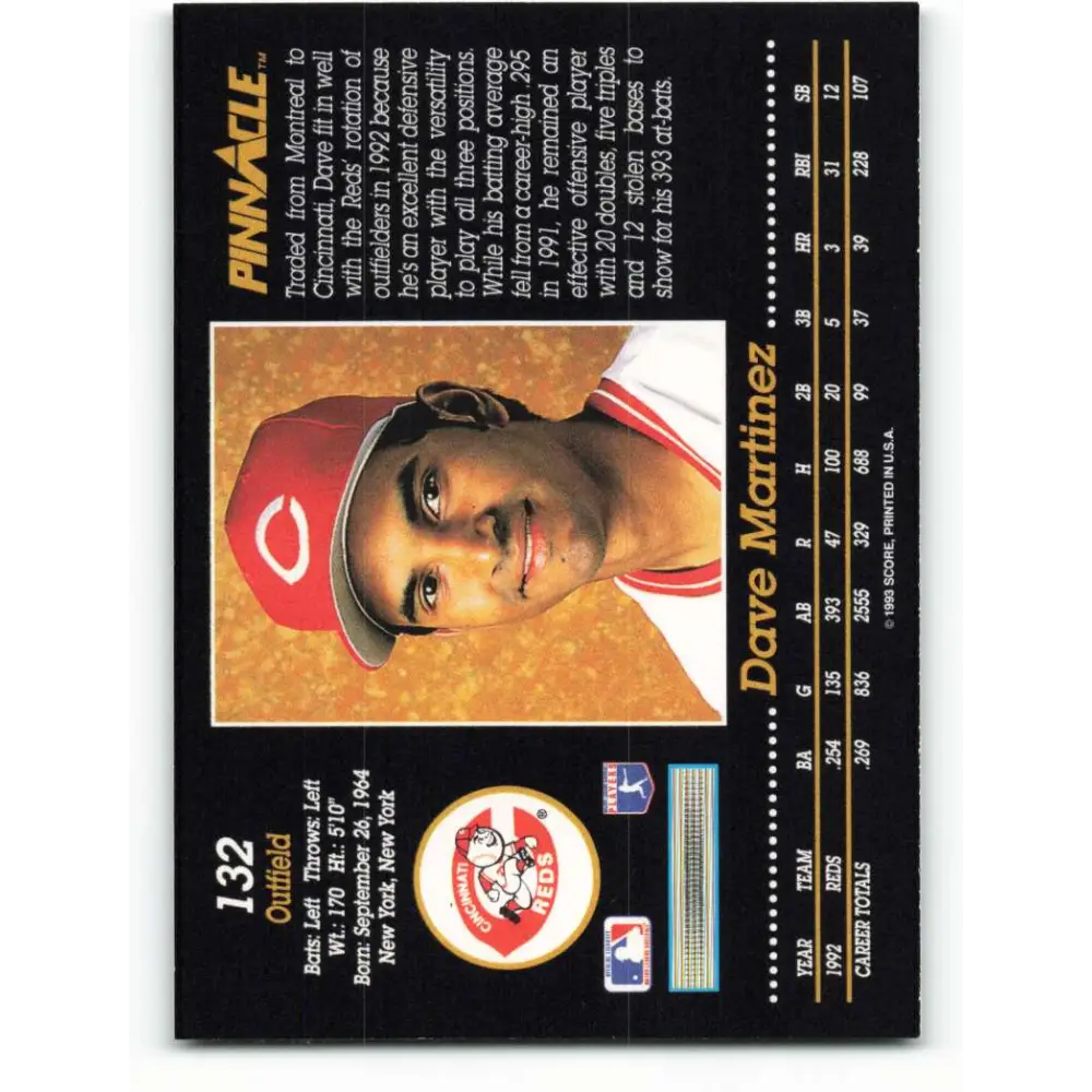 1993 Pinnacle #132 Dave Martinez NM-MT Cincinnati Reds Baseball Card Image 2