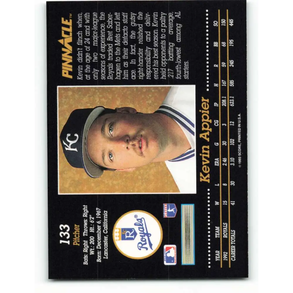 1993 Pinnacle #133 Kevin Appier NM-MT Kansas City Royals Baseball Card Image 2
