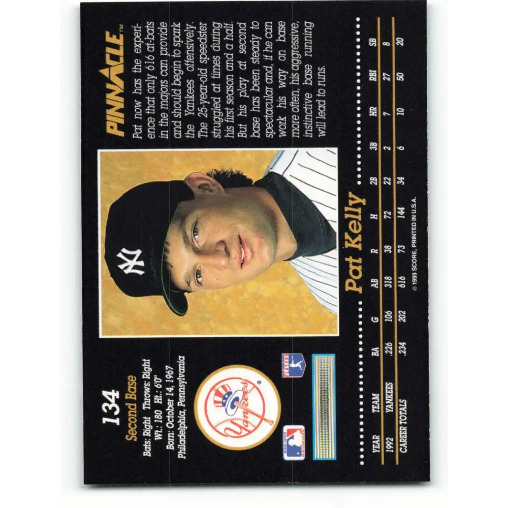 1993 Pinnacle #134 Pat Kelly NM-MT New York Yankees Baseball Card Image 2