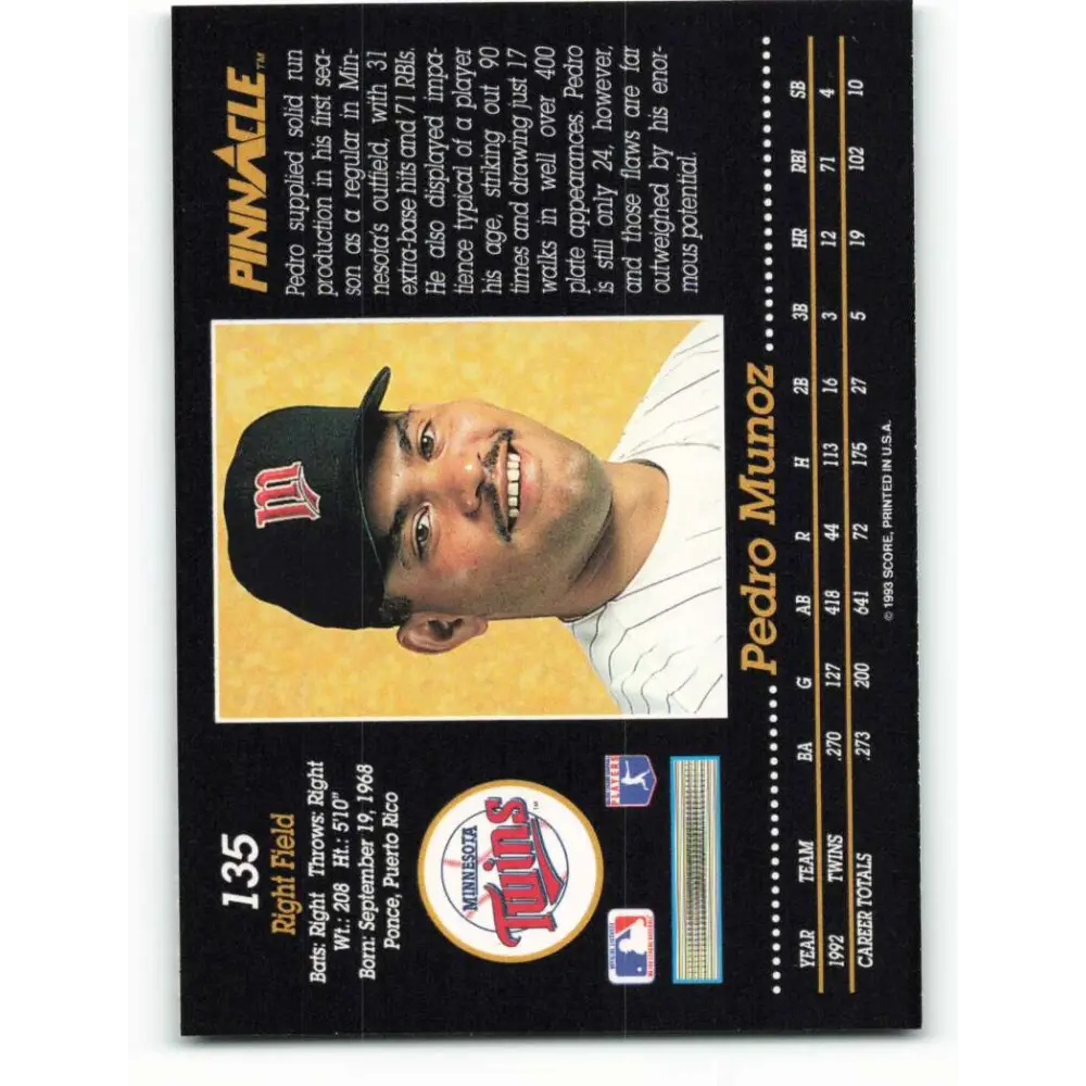 1993 Pinnacle #135 Pedro Munoz NM-MT Minnesota Twins Baseball Card Image 2