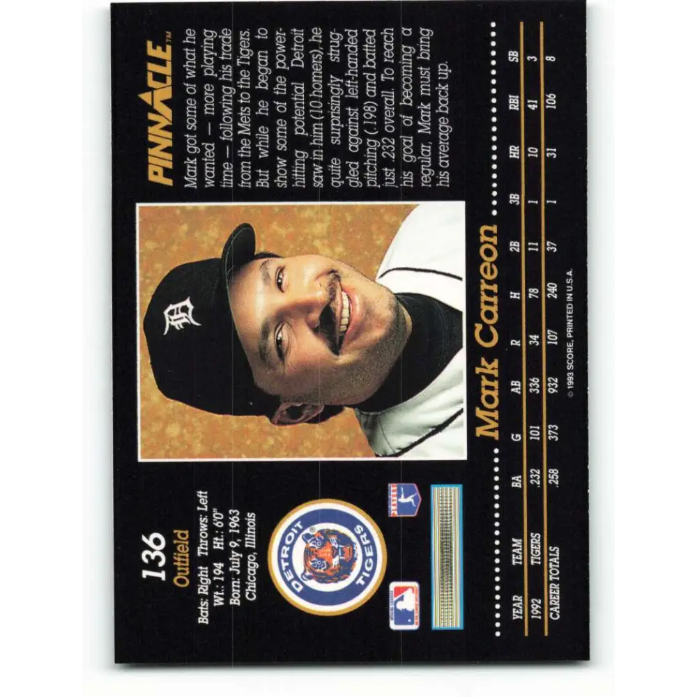 1993 Pinnacle #136 Mark Carreon NM-MT Detroit Tigers Baseball Card Image 2