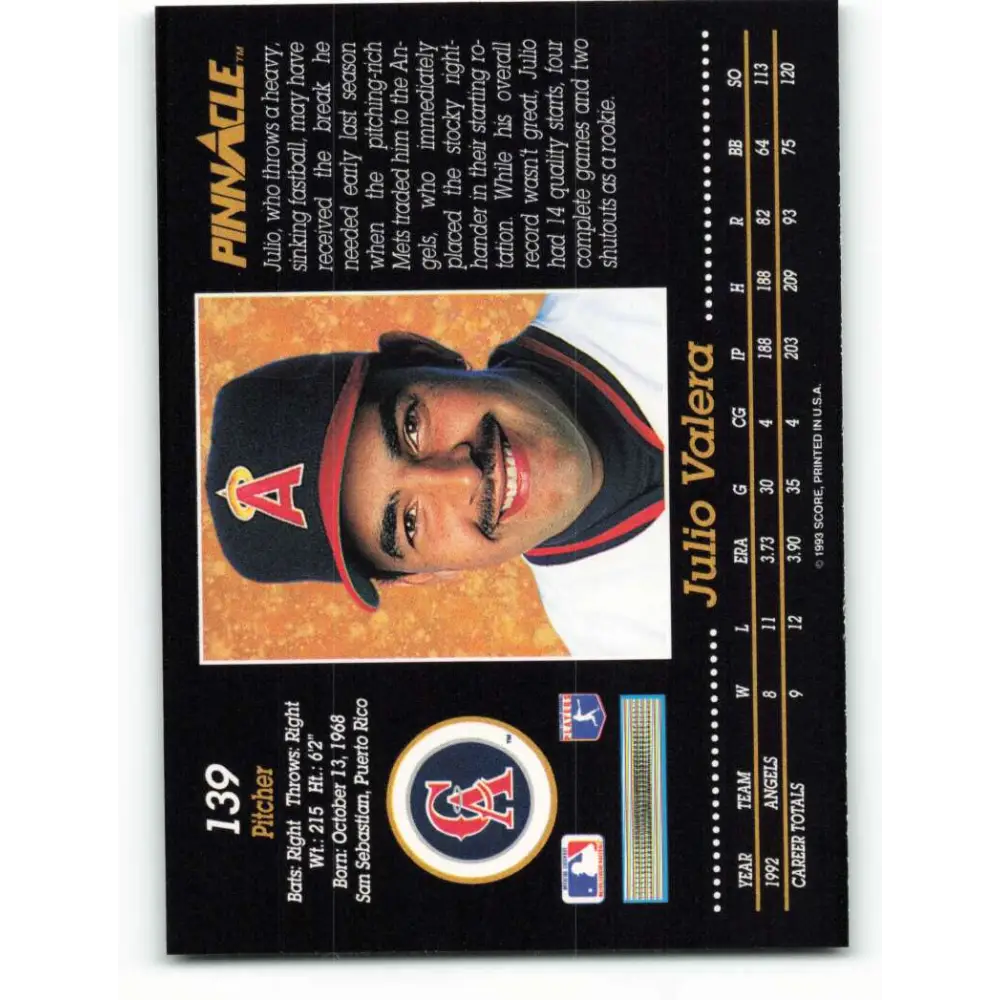 1993 Pinnacle #139 Julio Valera NM-MT California Angels Baseball Card Image 2