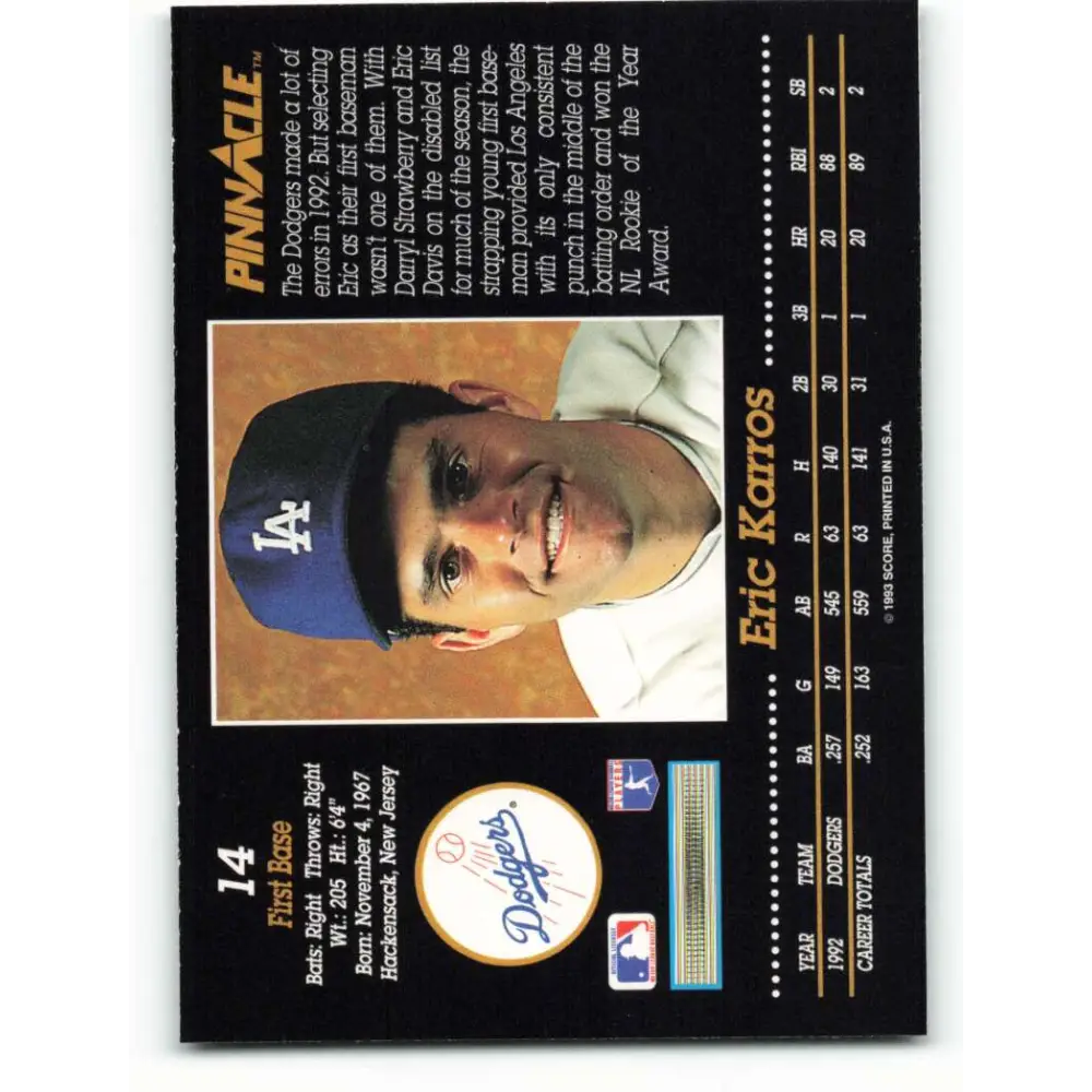 1993 Pinnacle #14 Eric Karros NM-MT Los Angeles Dodgers Baseball Card Image 2