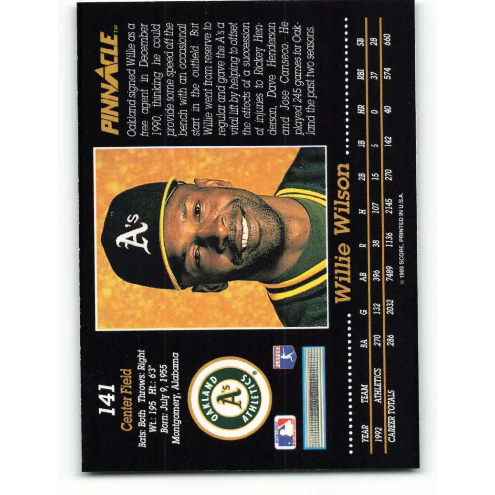 1993 Pinnacle #141 Willie Wilson NM-MT Oakland Athletics Baseball Card Image 2