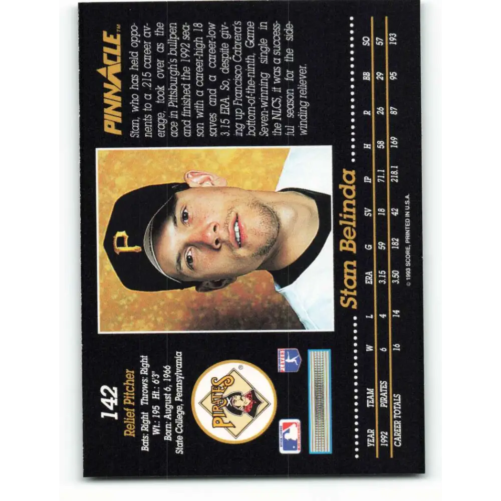 1993 Pinnacle #142 Stan Belinda NM-MT Pittsburgh Pirates Baseball Card Image 2