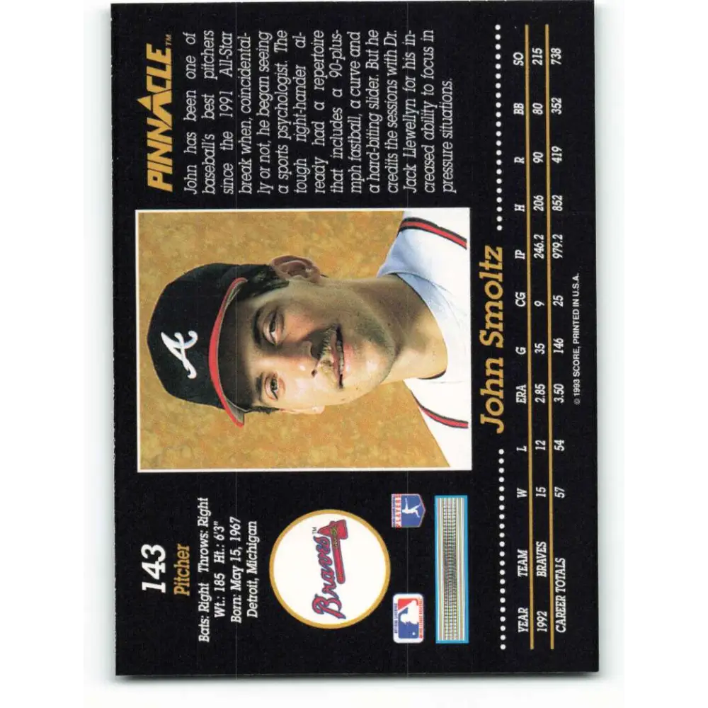 1993 Pinnacle #143 John Smoltz NM-MT Atlanta Braves Baseball Card Image 2