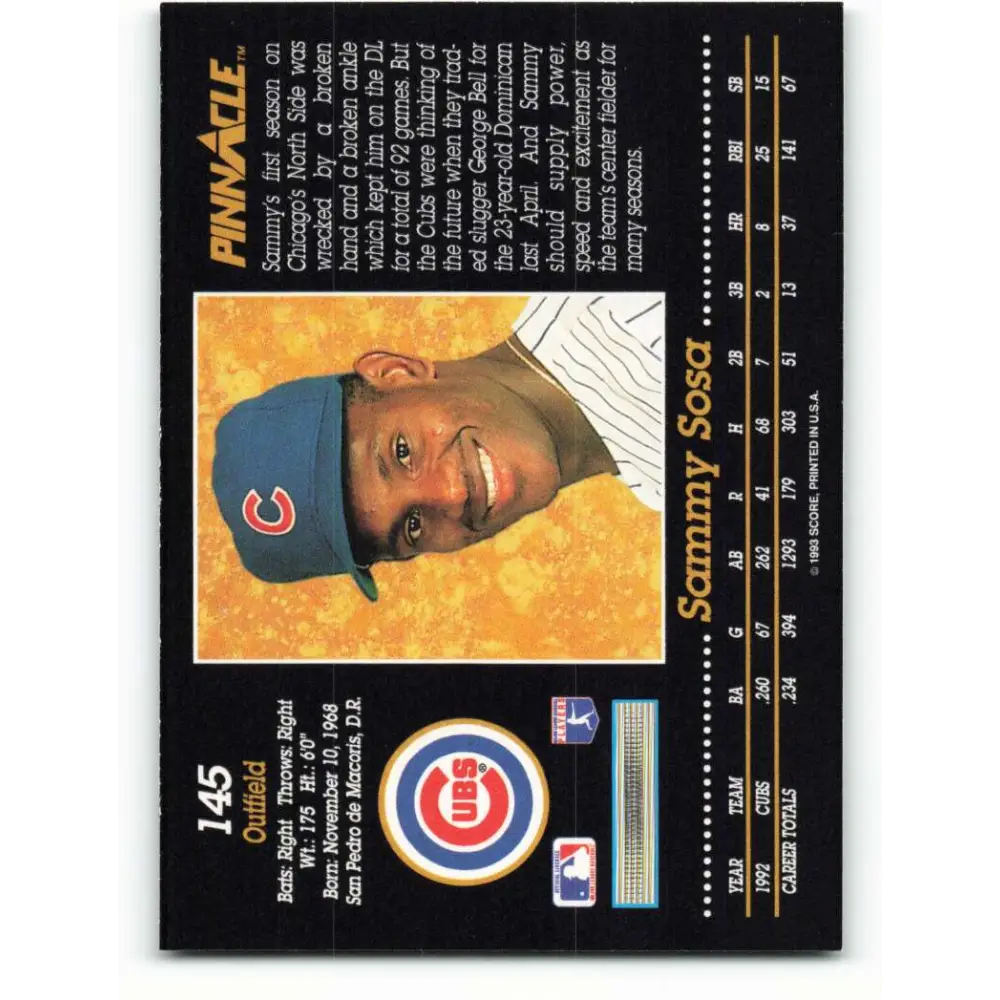 1993 Pinnacle #145 Sammy Sosa NM-MT Chicago Cubs Baseball Card Image 2