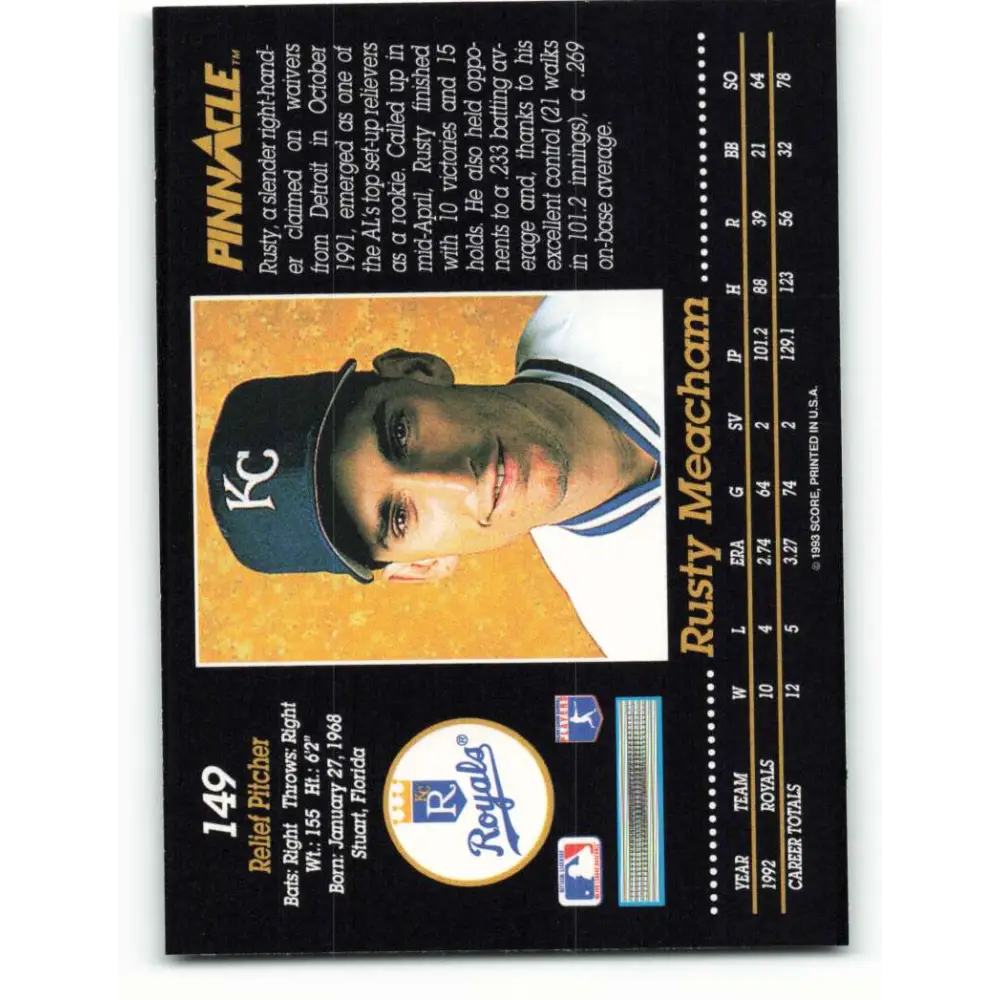1993 Pinnacle #149 Rusty Meacham NM-MT Kansas City Royals Baseball Card Image 2