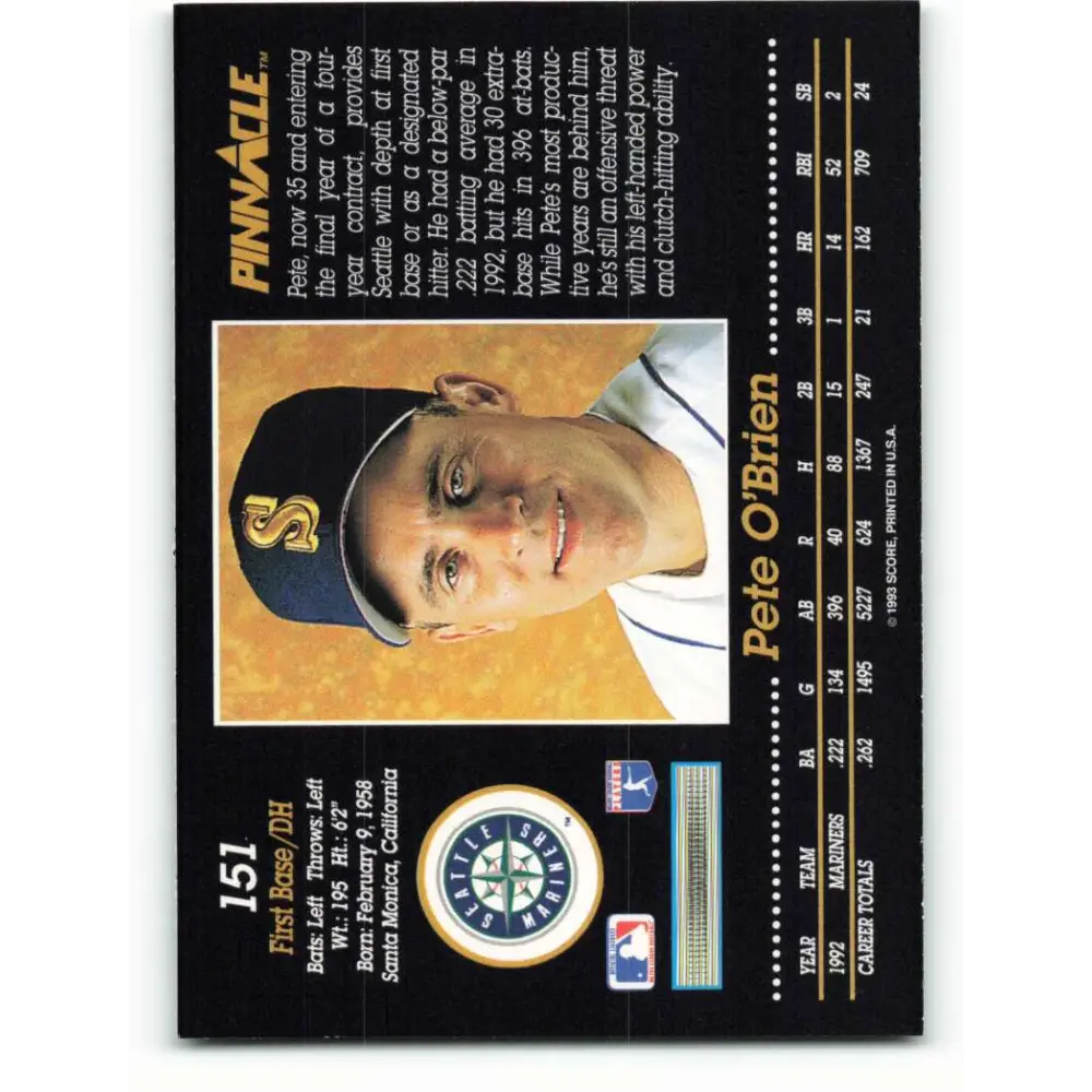 1993 Pinnacle #151 Pete O'Brien NM-MT Seattle Mariners Baseball Card Image 2