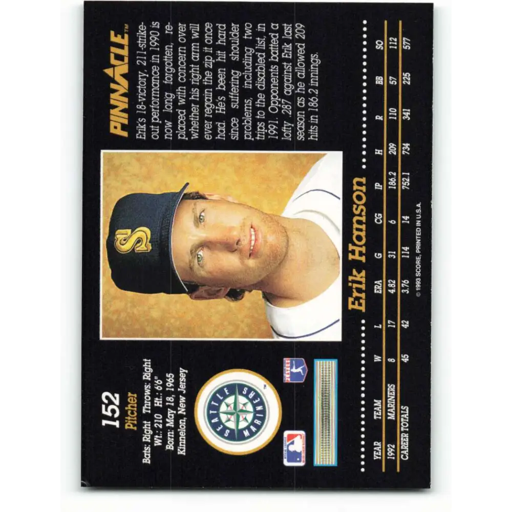 1993 Pinnacle #152 Erik Hanson NM-MT Seattle Mariners Baseball Card Image 2