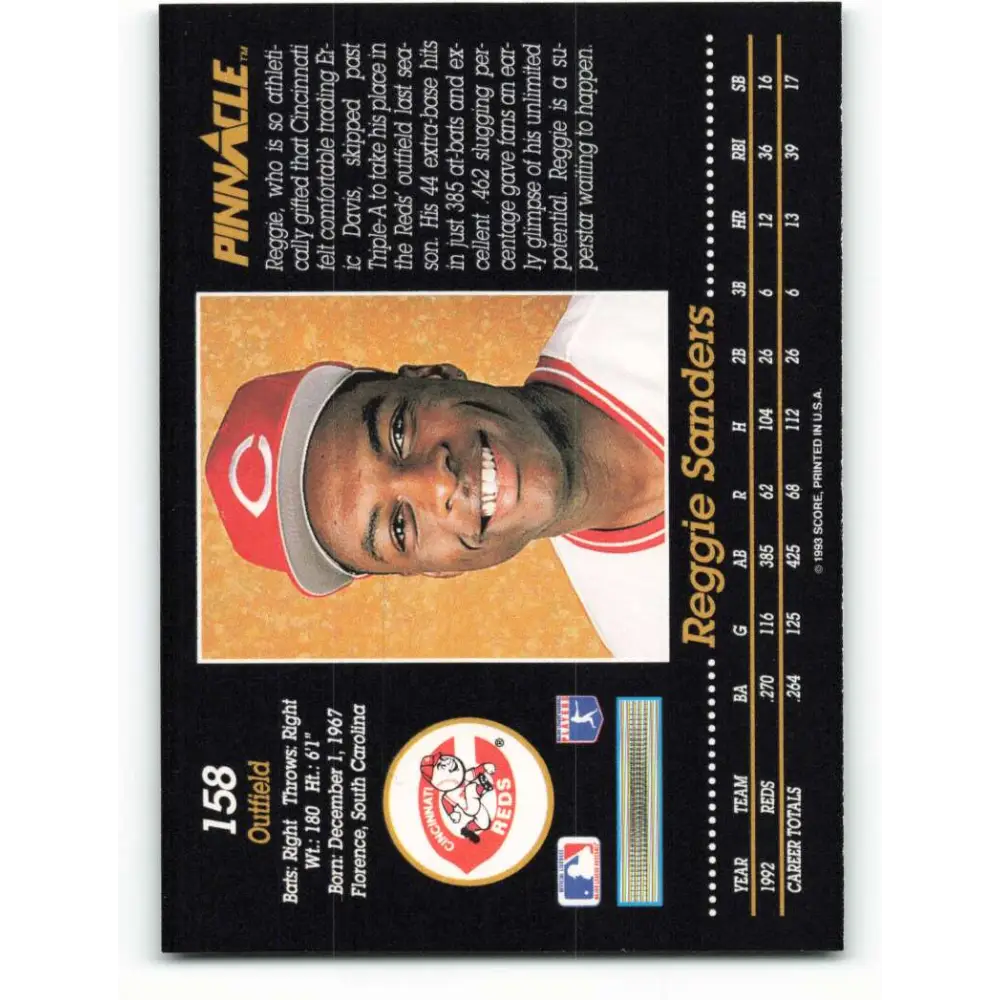 1993 Pinnacle #158 Reggie Sanders NM-MT Cincinnati Reds Baseball Card Image 2