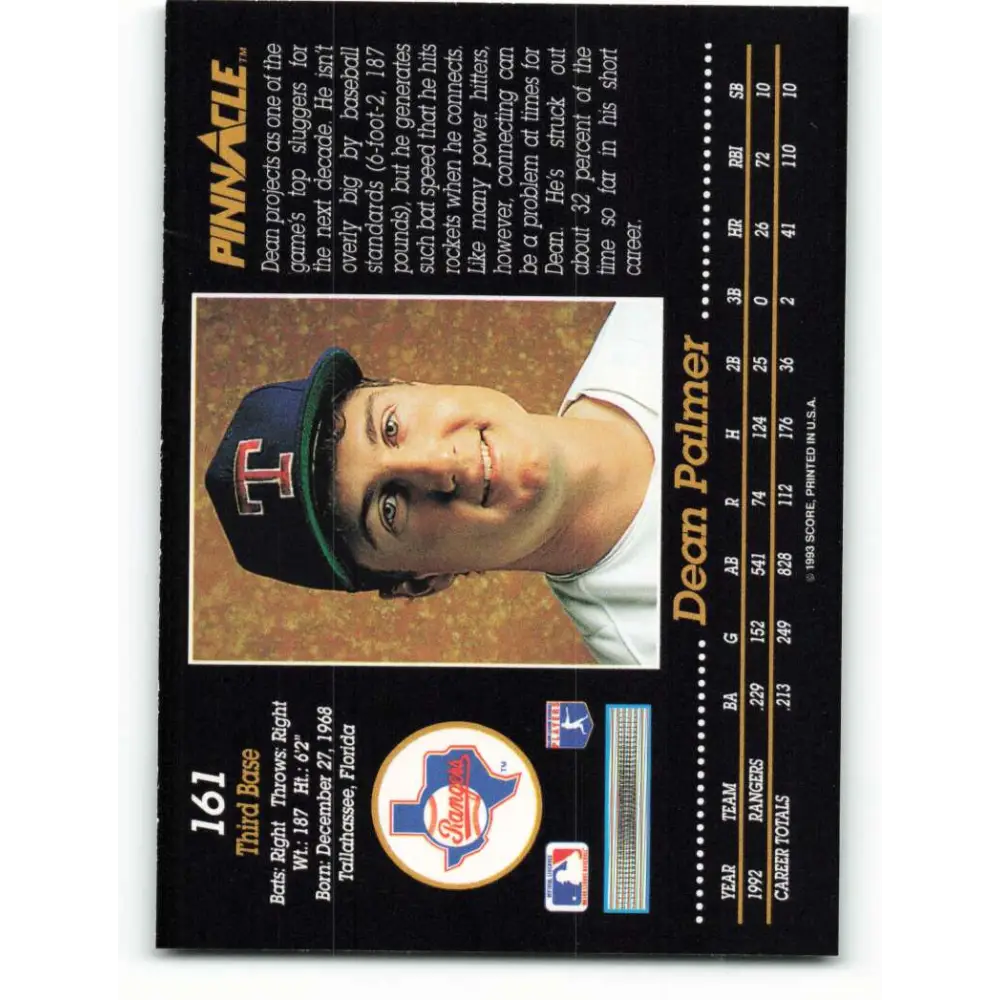 1993 Pinnacle #161 Dean Palmer NM-MT Texas Rangers Baseball Card Image 2