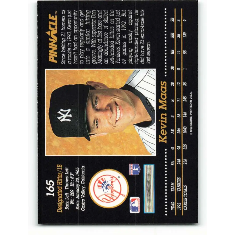 1993 Pinnacle #165 Kevin Maas NM-MT New York Yankees Baseball Card Image 2