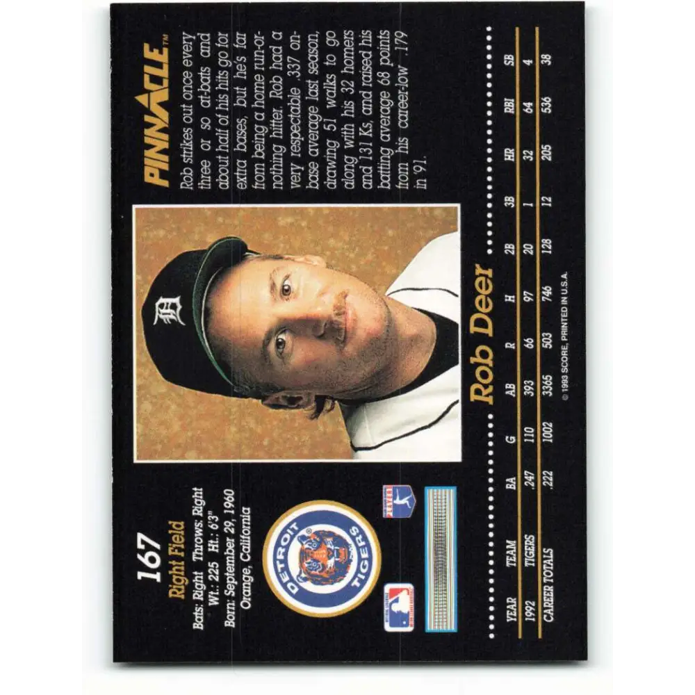 1993 Pinnacle #167 Rob Deer NM-MT Detroit Tigers Baseball Card Image 2