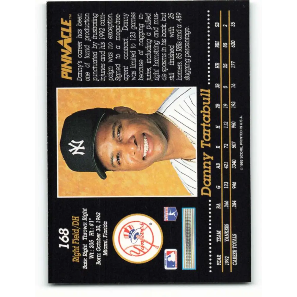 1993 Pinnacle #168 Danny Tartabull NM-MT New York Yankees Baseball Card Image 2