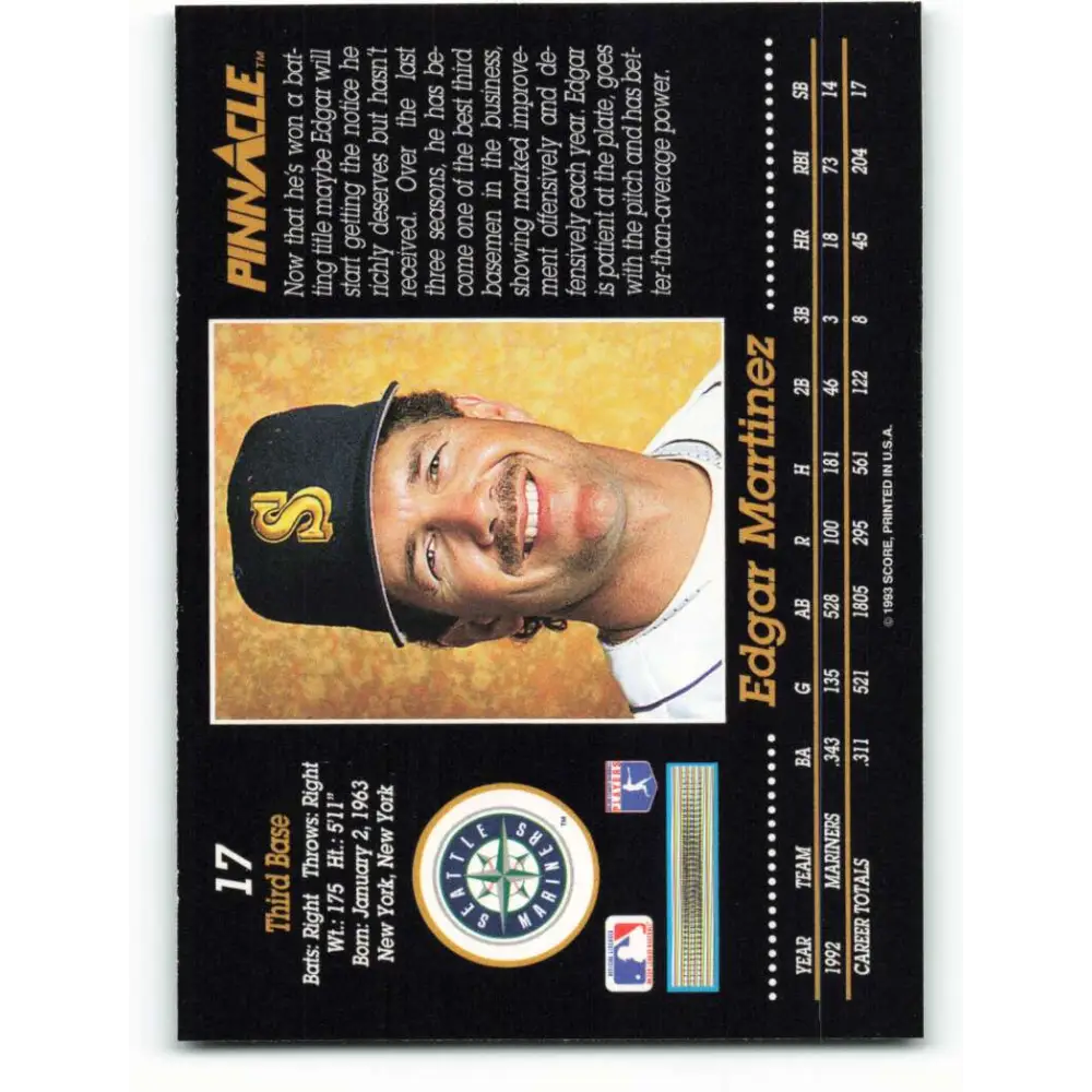 1993 Pinnacle #17 Edgar Martinez NM-MT Seattle Mariners Baseball Card Image 2
