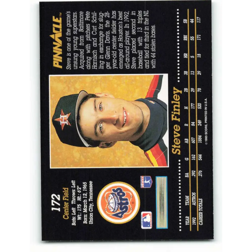 1993 Pinnacle #172 Steve Finley NM-MT Houston Astros Baseball Card Image 2