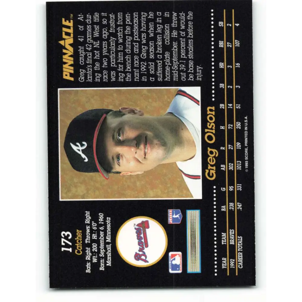 1993 Pinnacle #173 Greg Olson NM-MT Atlanta Braves Baseball Card Image 2
