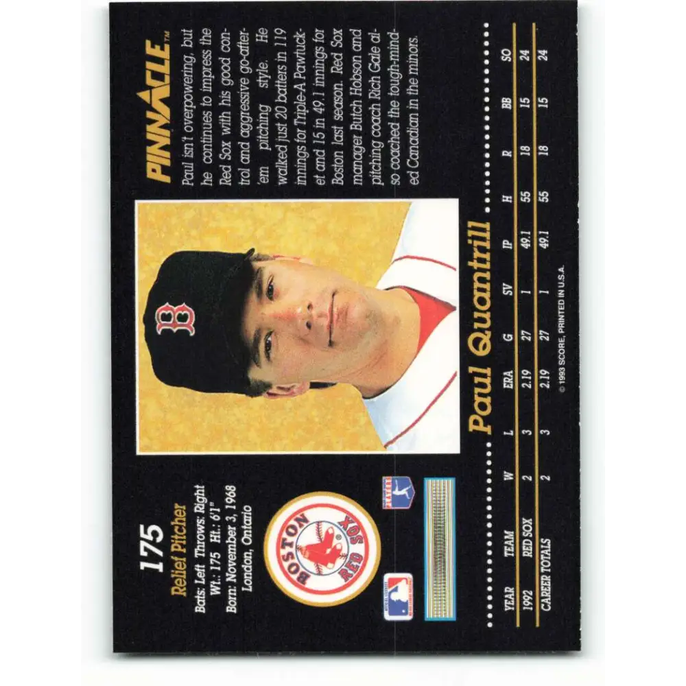 1993 Pinnacle #175 Paul Quantrill NM-MT Boston Red Sox Baseball Card Image 2