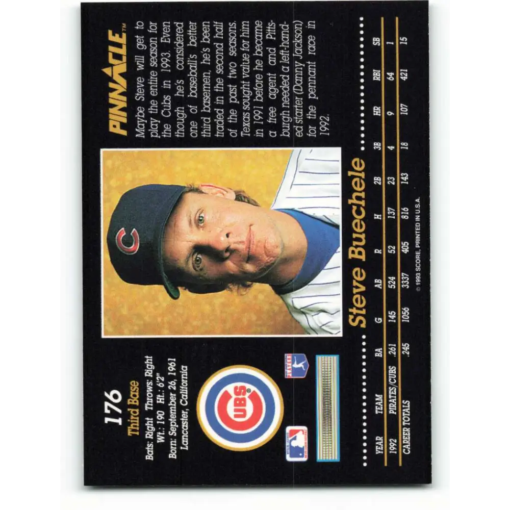 1993 Pinnacle #176 Steve Buechele NM-MT Chicago Cubs Baseball Card Image 2