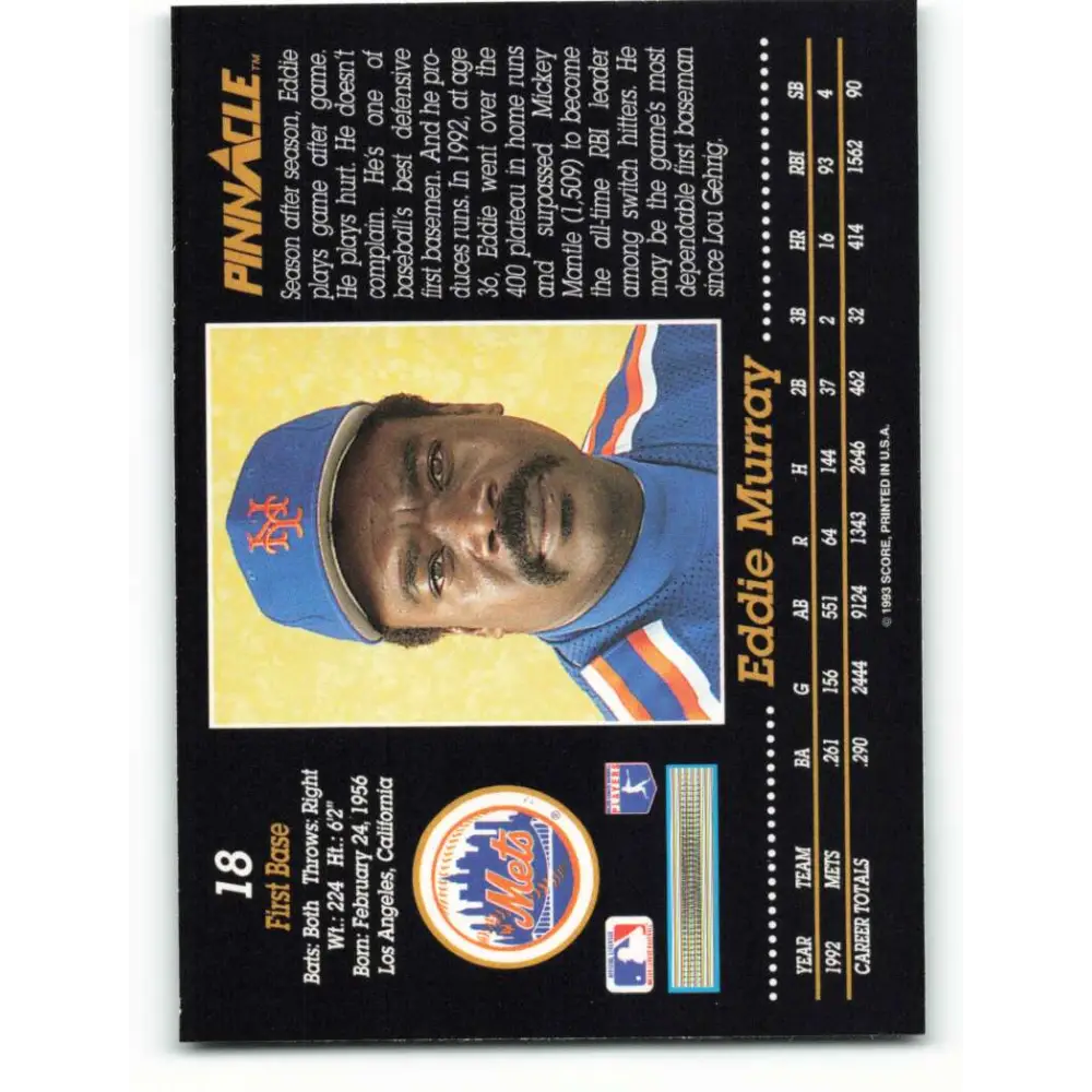 1993 Pinnacle #18 Eddie Murray NM-MT New York Mets Baseball Card Image 2