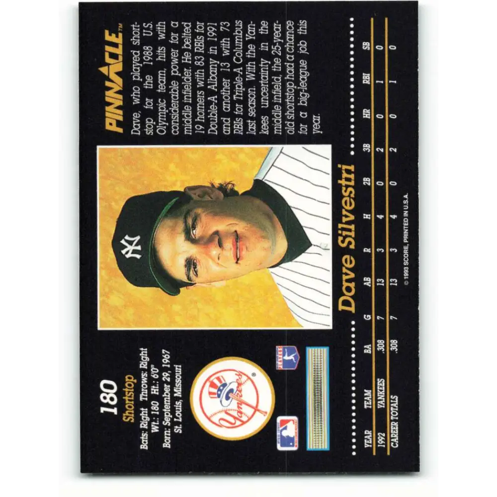 1993 Pinnacle #180 Dave Silvestri NM-MT New York Yankees Baseball Card Image 2
