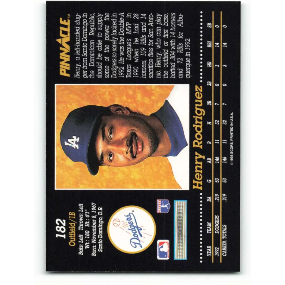 1993 Pinnacle #182 Henry Rodriguez NM-MT Los Angeles Dodgers Baseball Card Image 2