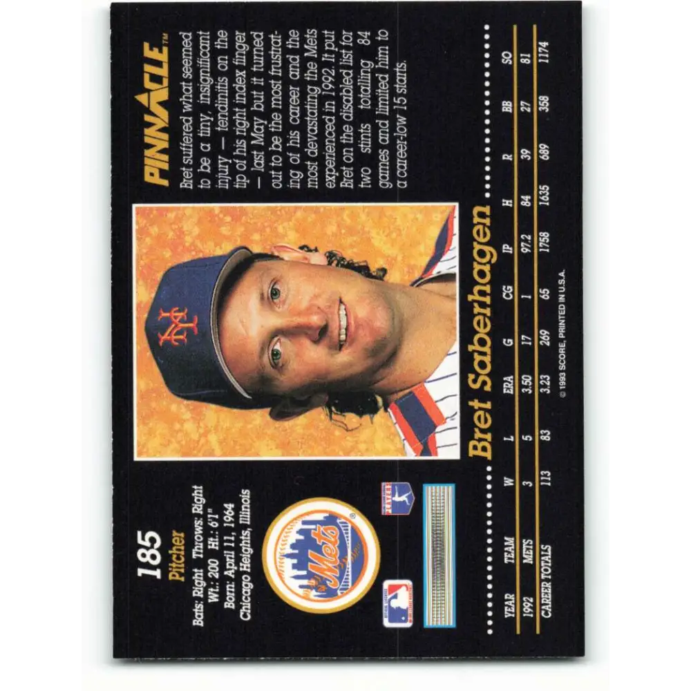 1993 Pinnacle #185 Bret Saberhagen NM-MT New York Mets Baseball Card Image 2