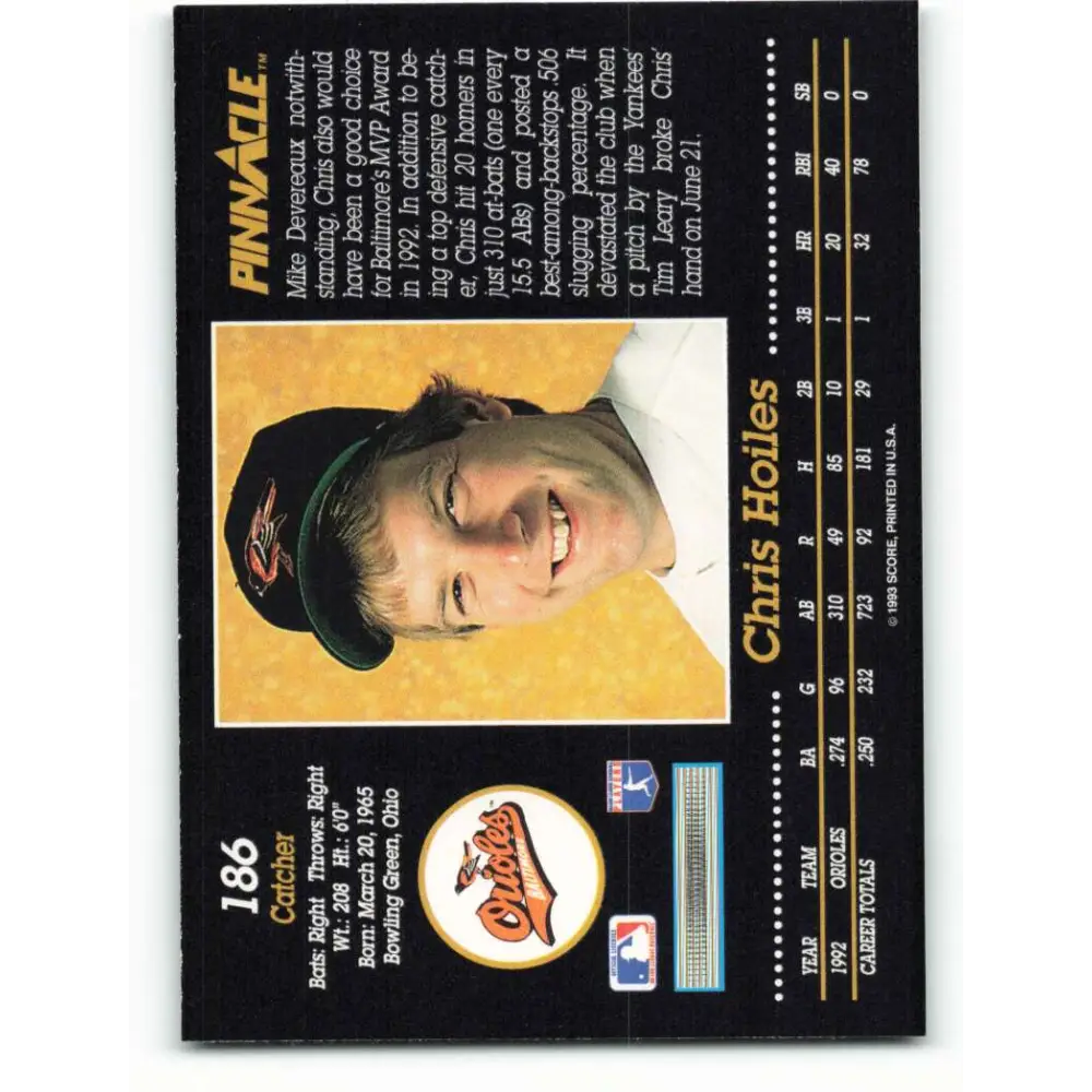 1993 Pinnacle #186 Chris Hoiles NM-MT Baltimore Orioles Baseball Card Image 2
