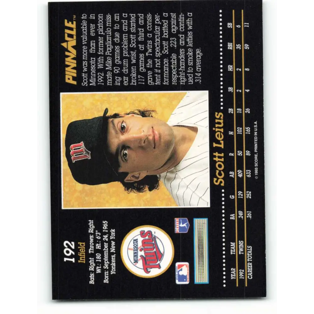 1993 Pinnacle #192 Scott Leius NM-MT Minnesota Twins Baseball Card Image 2