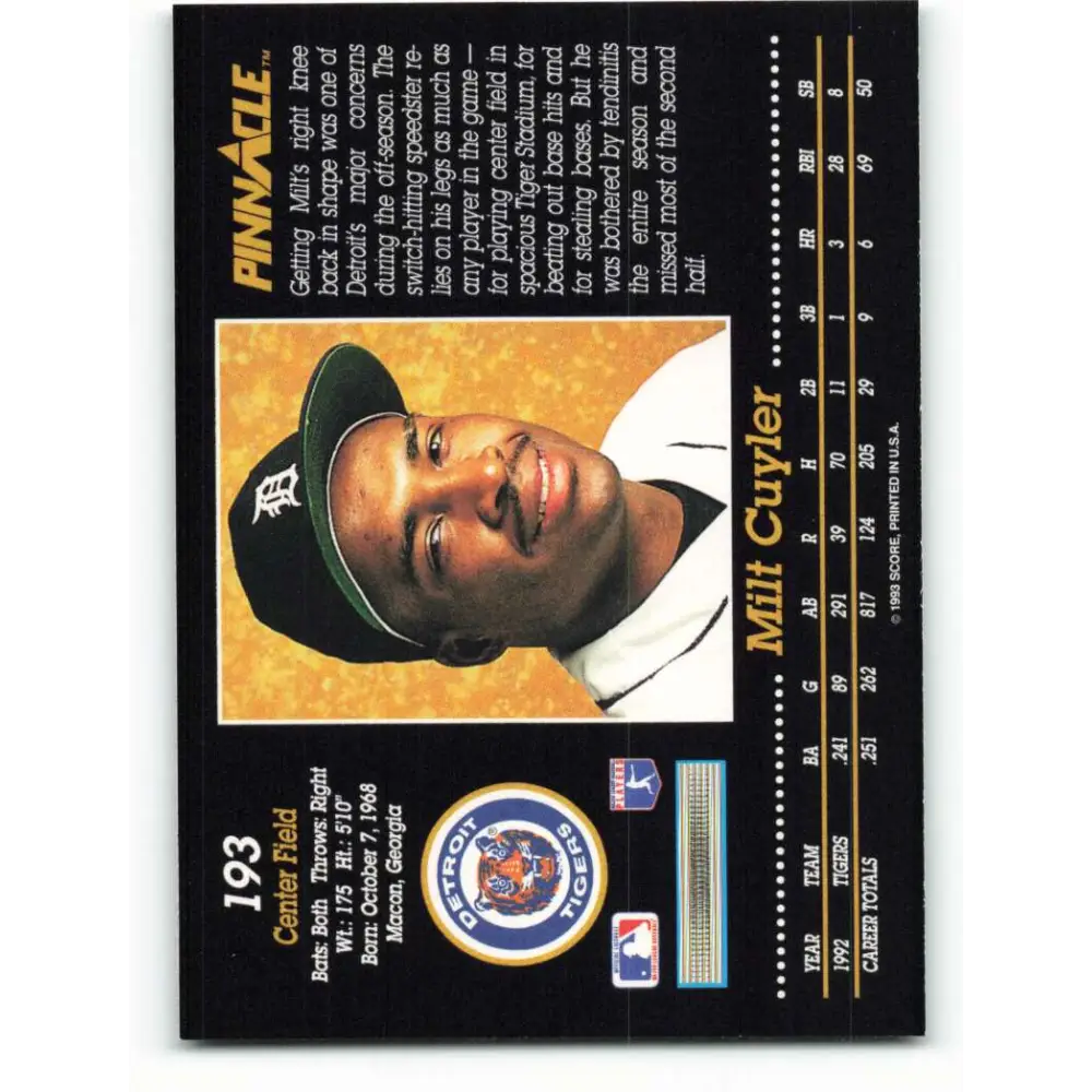 1993 Pinnacle #193 Milt Cuyler NM-MT Detroit Tigers Baseball Card Image 2