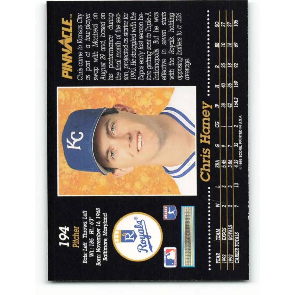 1993 Pinnacle #194 Chris Haney NM-MT Kansas City Royals Baseball Card Image 2
