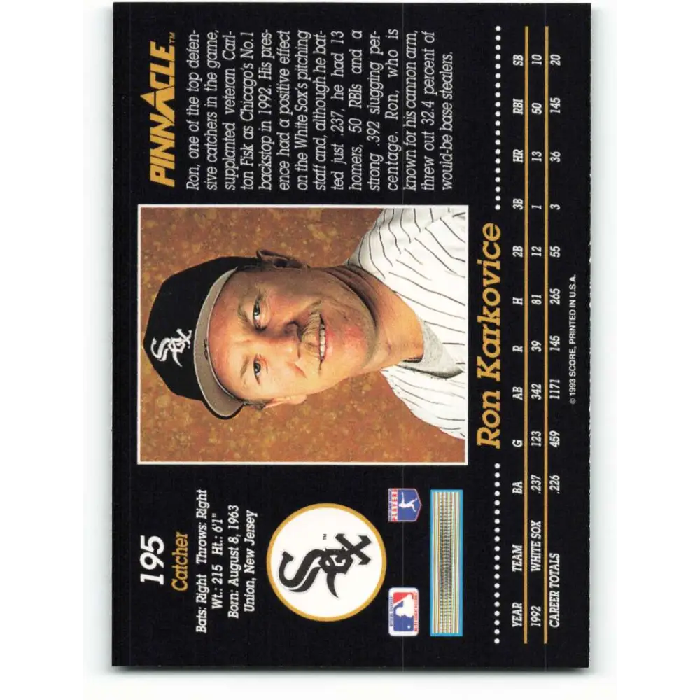 1993 Pinnacle #195 Ron Karkovice NM-MT Chicago White Sox Baseball Card Image 2