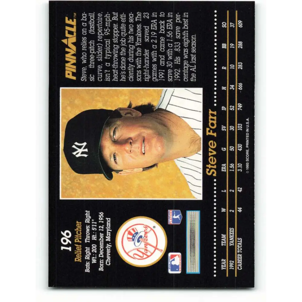 1993 Pinnacle #196 Steve Farr NM-MT New York Yankees Baseball Card Image 2