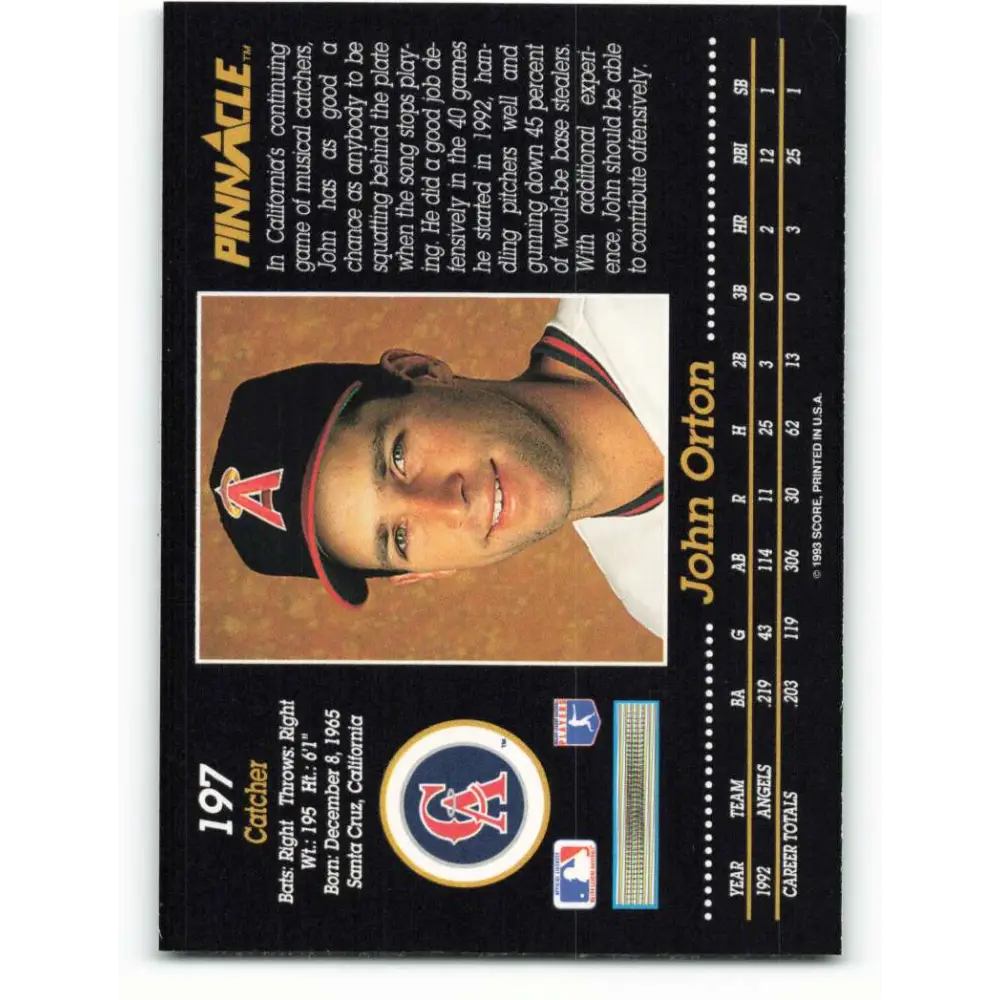 1993 Pinnacle #197 John Orton NM-MT California Angels Baseball Card Image 2