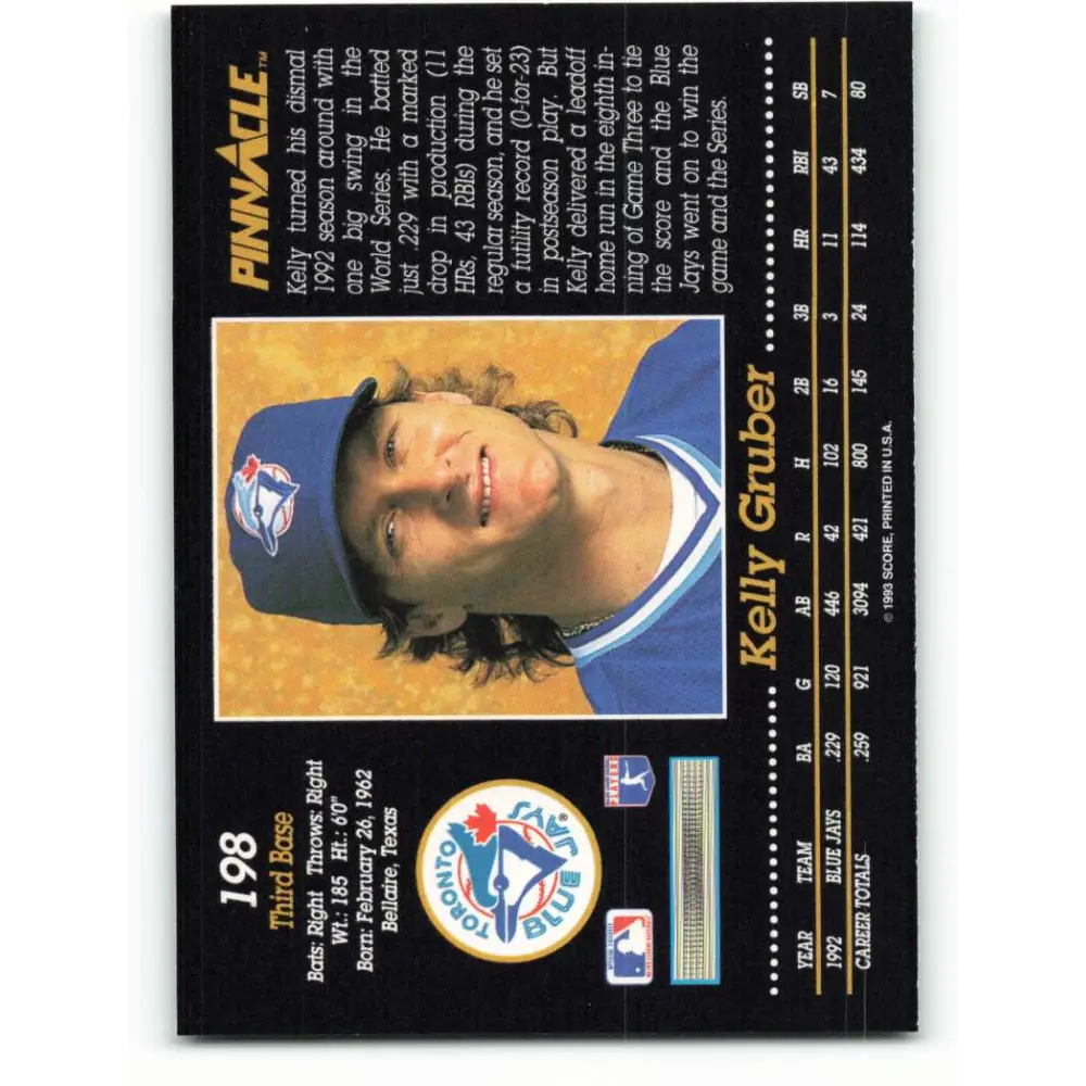 1993 Pinnacle #198 Kelly Gruber NM-MT Toronto Blue Jays Baseball Card Image 2
