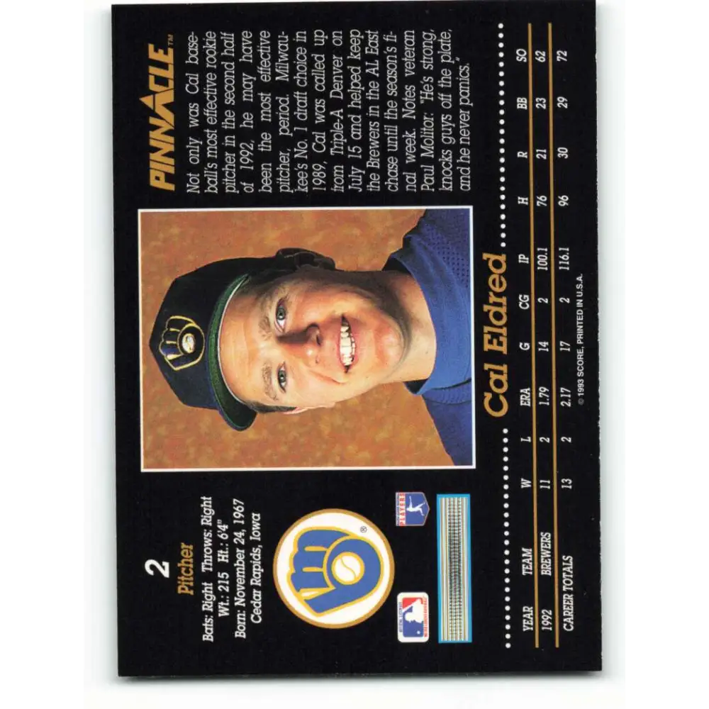 1993 Pinnacle #2 Cal Eldred NM-MT Milwaukee Brewers Baseball Card Image 2