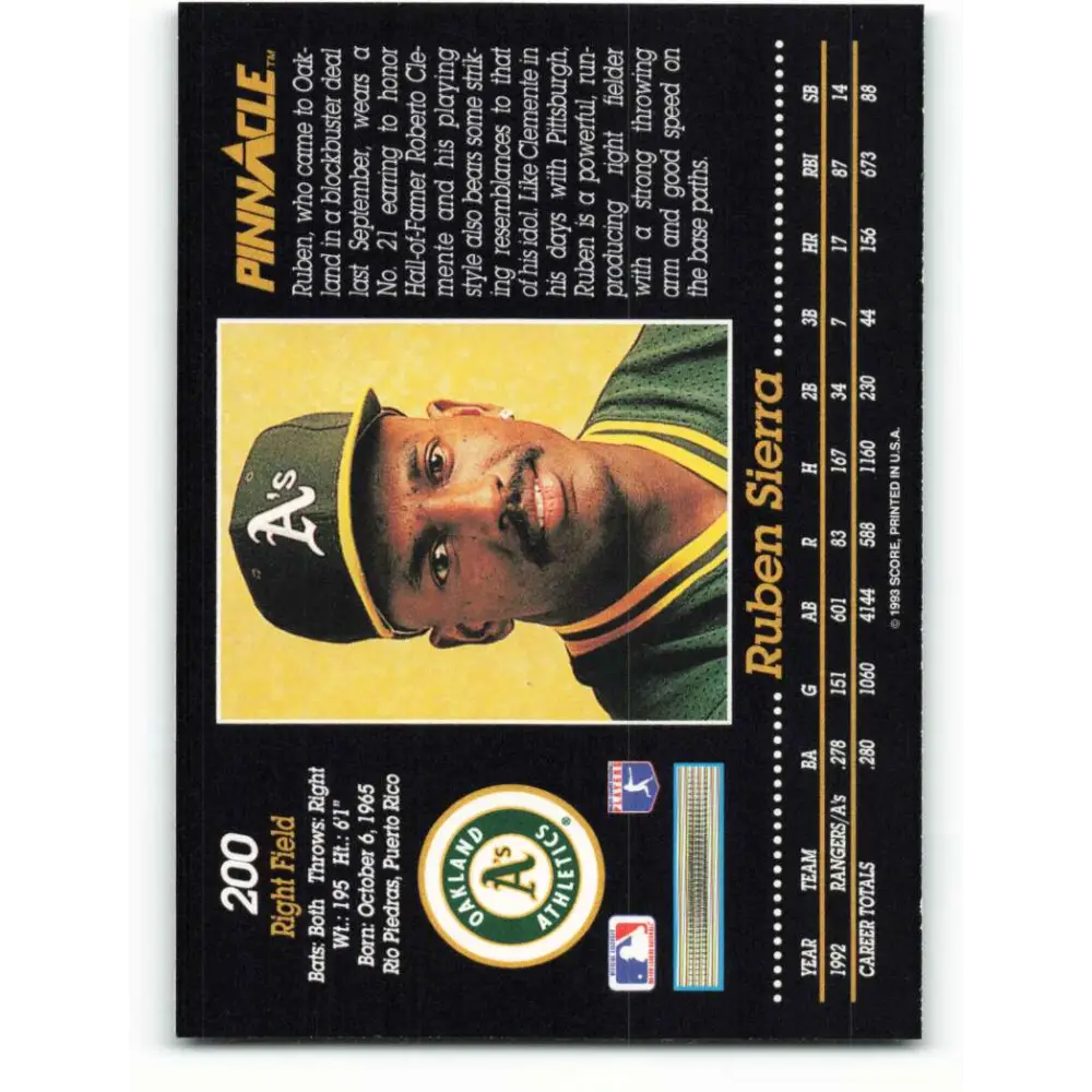 1993 Pinnacle #200 Ruben Sierra NM-MT Oakland Athletics Baseball Card Image 2