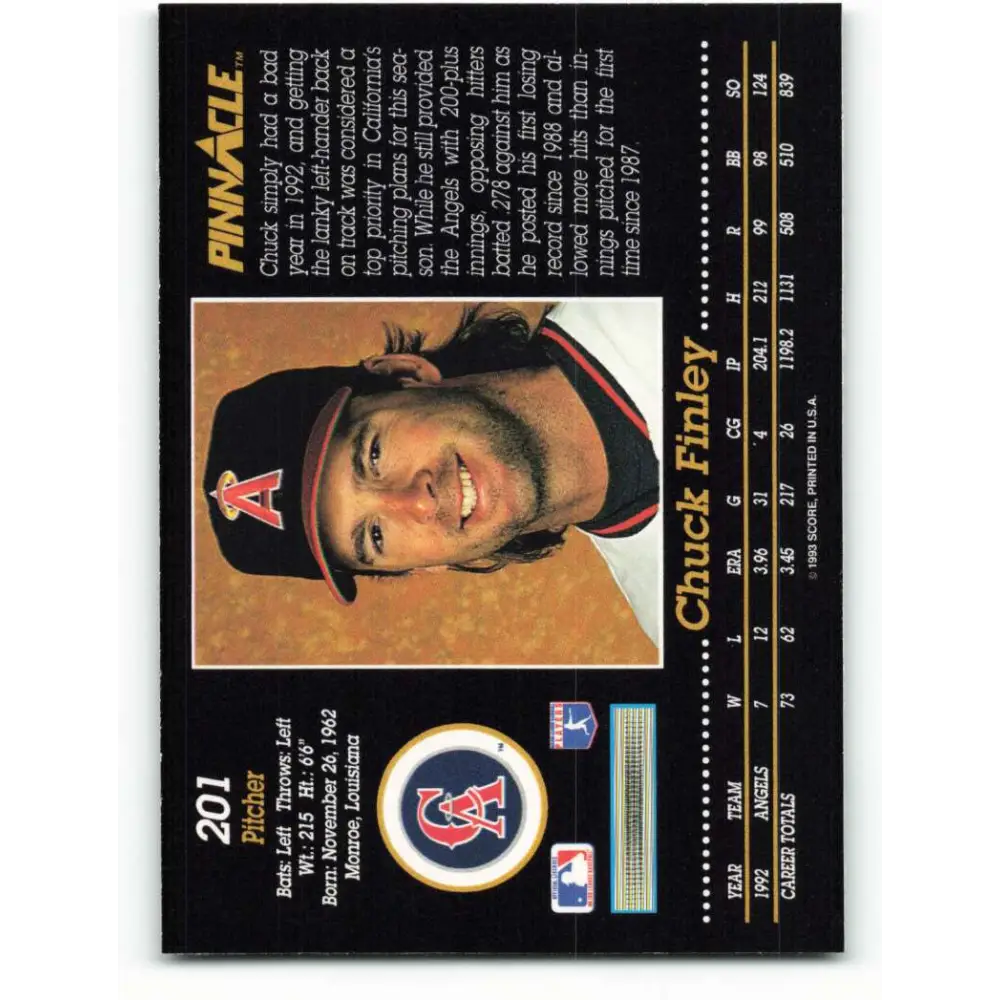 1993 Pinnacle #201 Chuck Finley NM-MT California Angels Baseball Card Image 2