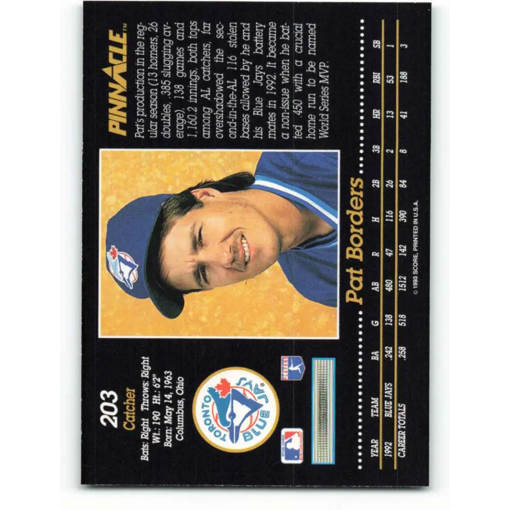 1993 Pinnacle #203 Pat Borders NM-MT Toronto Blue Jays Baseball Card Image 2