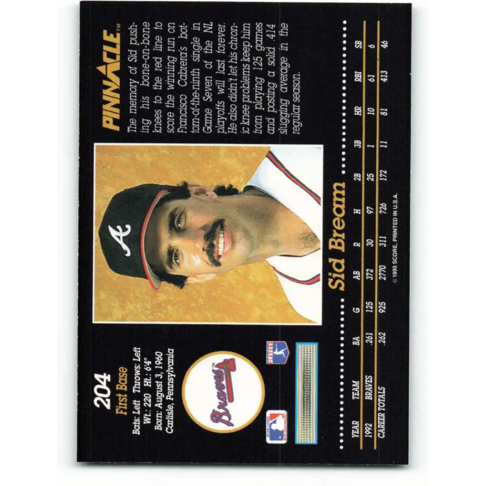 1993 Pinnacle #204 Sid Bream NM-MT Atlanta Braves Baseball Card Image 2