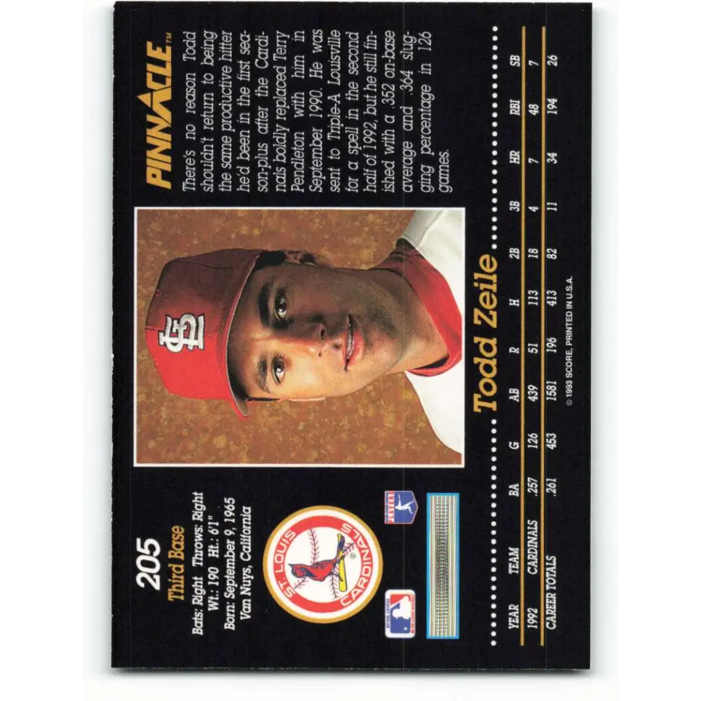 1993 Pinnacle #205 Todd Zeile NM-MT St. Louis Cardinals Baseball Card Image 2