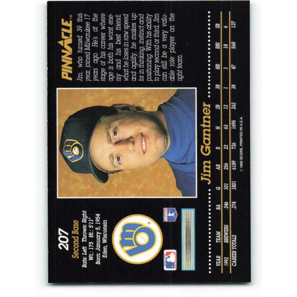 1993 Pinnacle #207 Jim Gantner NM-MT Milwaukee Brewers Baseball Card Image 2