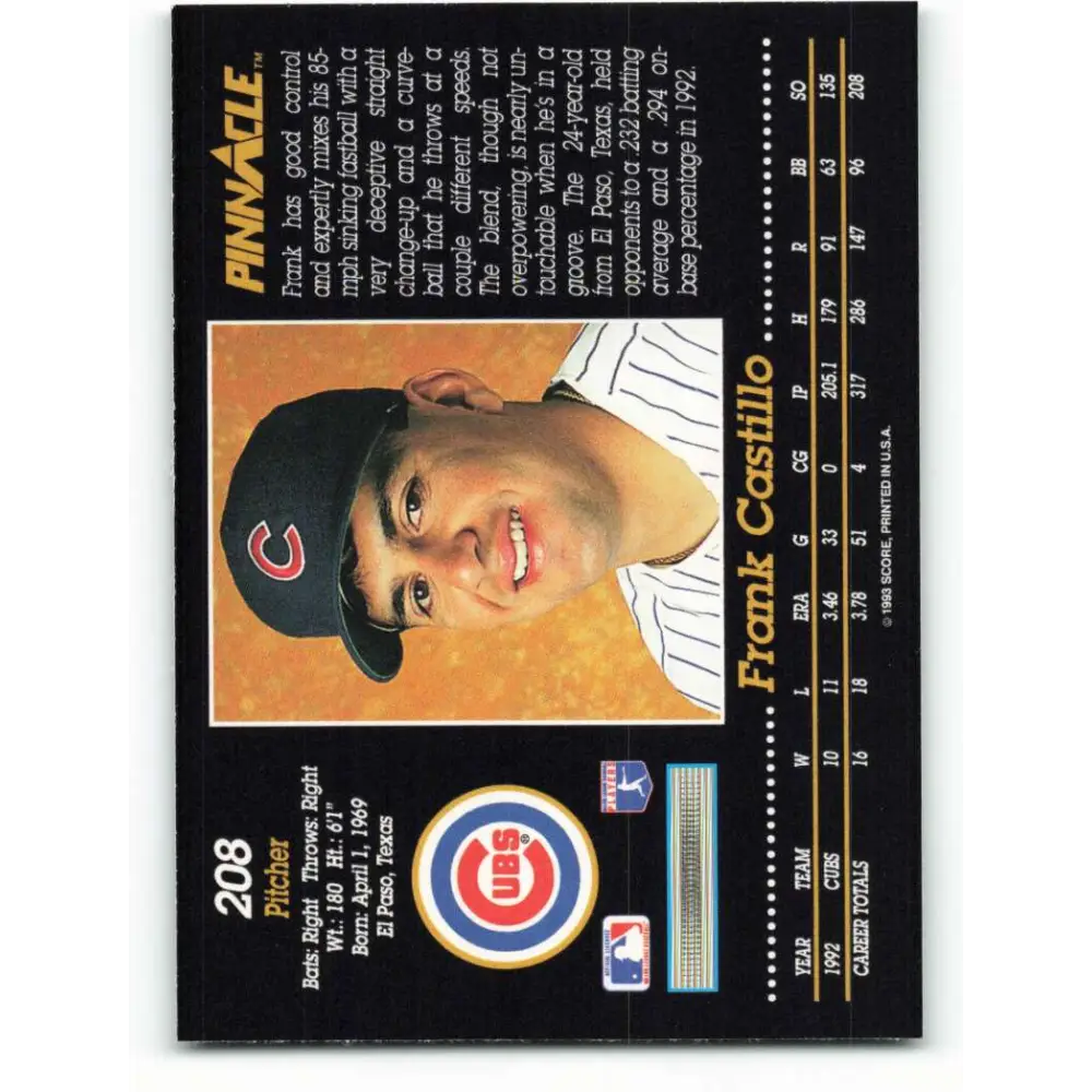 1993 Pinnacle #208 Frank Castillo NM-MT Chicago Cubs Baseball Card Image 2