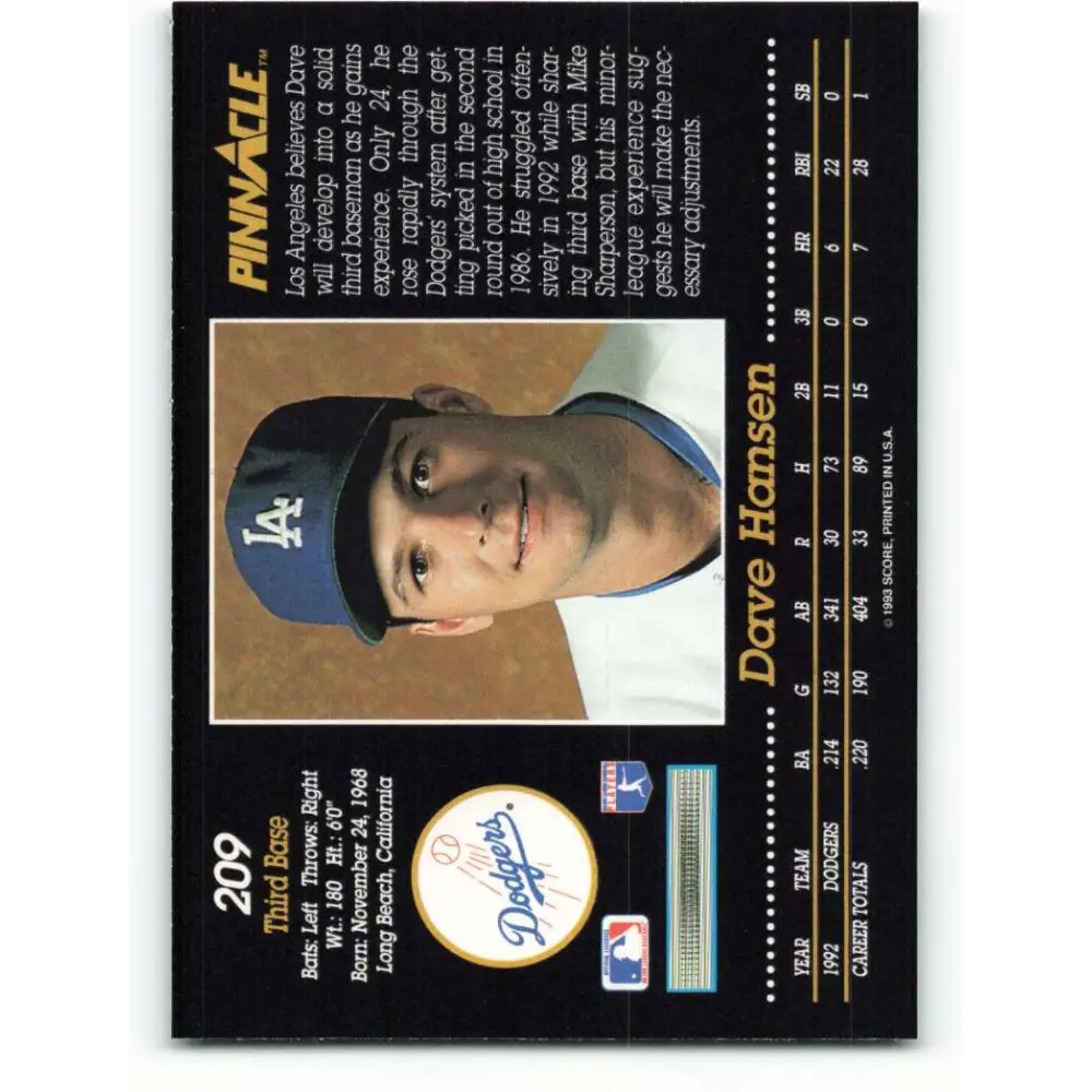 1993 Pinnacle #209 Dave Hansen NM-MT Los Angeles Dodgers Baseball Card Image 2