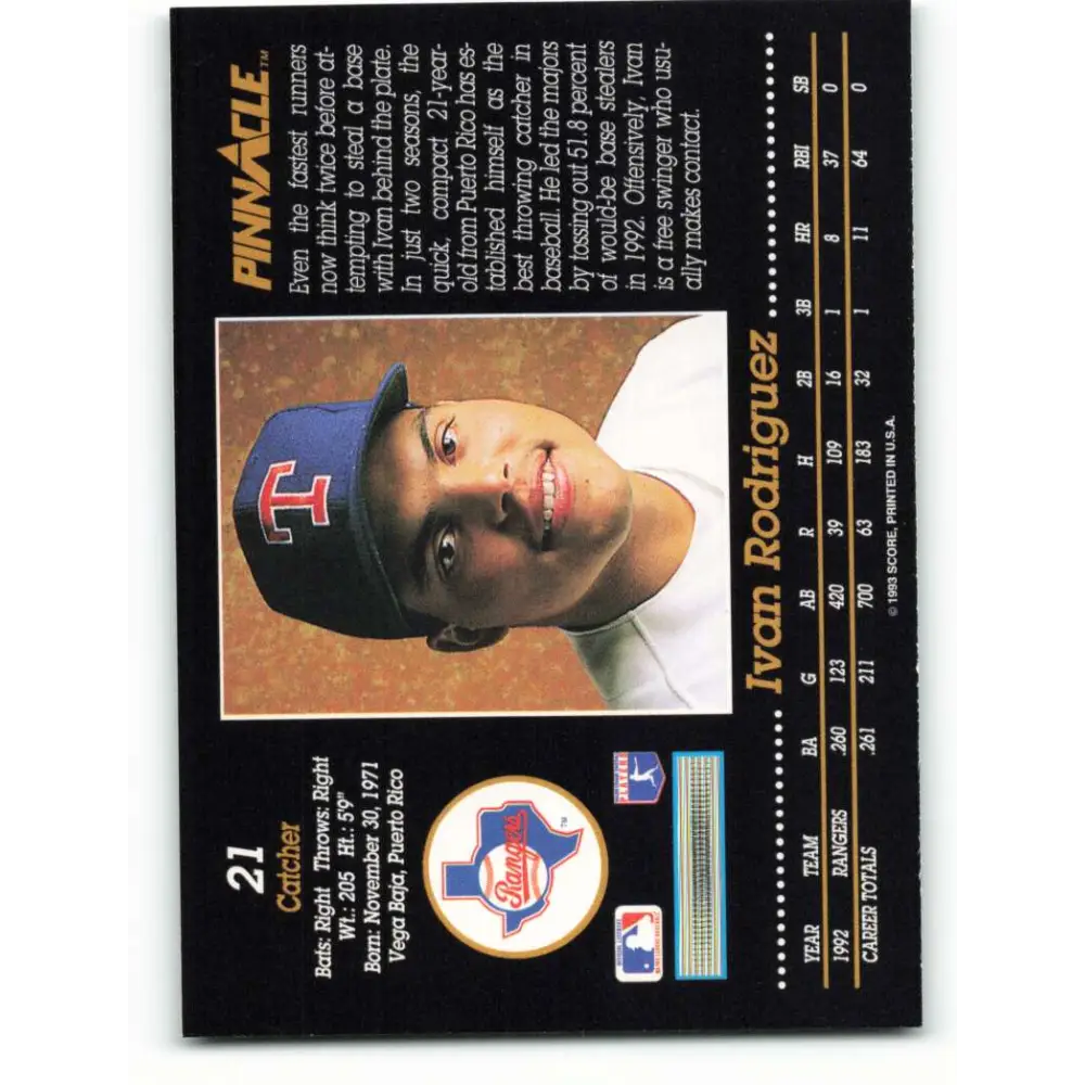 1993 Pinnacle #21 Ivan Rodriguez NM-MT Texas Rangers Baseball Card Image 2