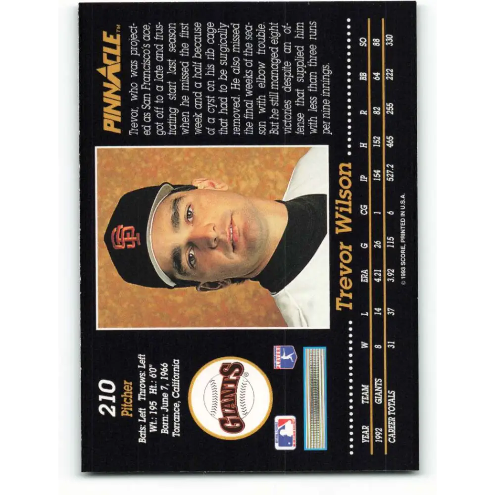1993 Pinnacle #210 Trevor Wilson NM-MT San Francisco Giants Baseball Card Image 2