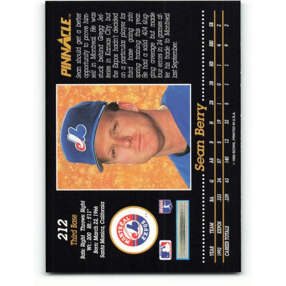 1993 Pinnacle #212 Sean Berry NM-MT Montreal Expos Baseball Card Image 2