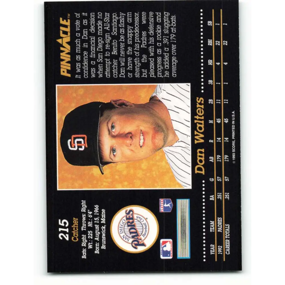 1993 Pinnacle #215 Dan Walters NM-MT San Diego Padres Baseball Card Image 2