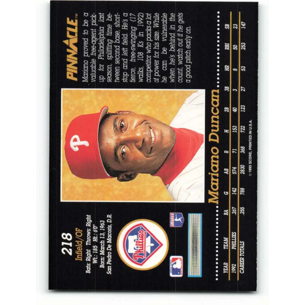1993 Pinnacle #218 Mariano Duncan NM-MT Philadelphia Phillies Baseball Card Image 2